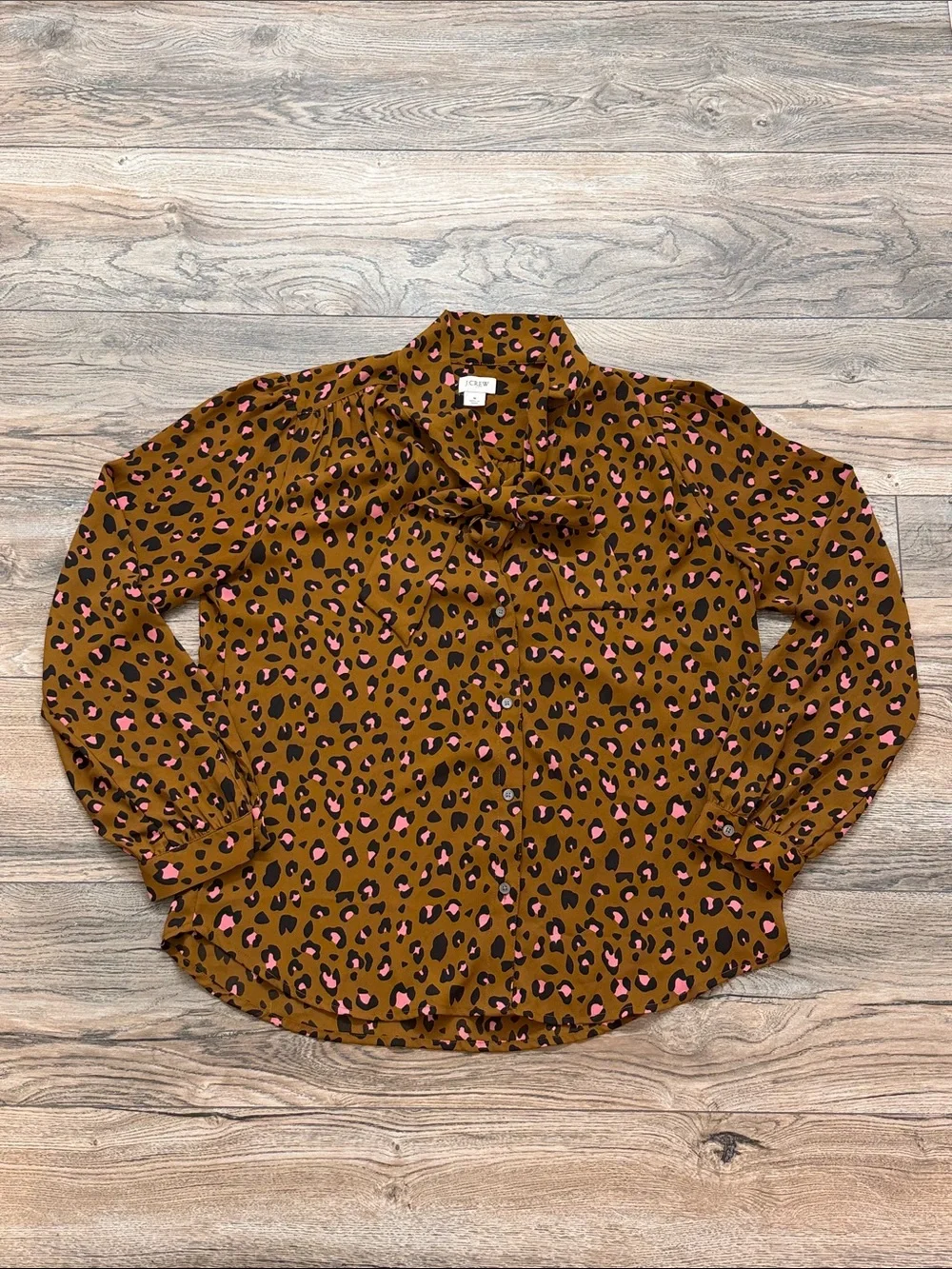 J. Crew Brown Leopard Print Tie-Neck Blouse with Pink Spots